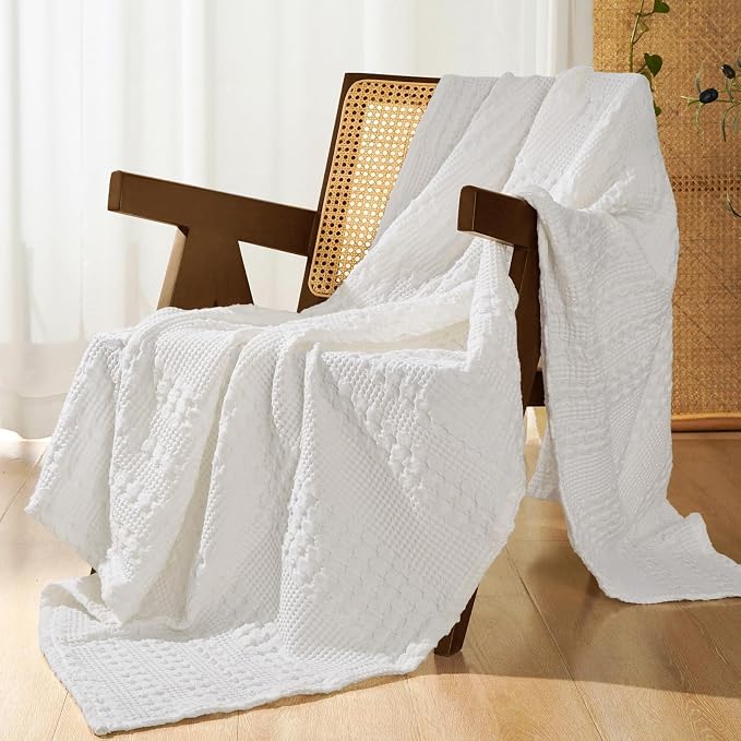 PHF 100% Cotton Waffle Weave Throw Blanket, Lightweight Breathable Summer Blanket for Couch Sofa, Pre-Washed Soft Throws for Bed, Office, Travel & Stylish Home Decor, 50"x60", White