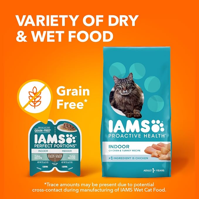 IAMS Perfect Portions Indoor Cuts in Gravy Wet Cat Food, Tuna, 24 Count | Made in USA, Snap, peel & serve, Vitamin E, prebiotic for digestion, no artificial flavors, 2.6 oz. twin-pack trays