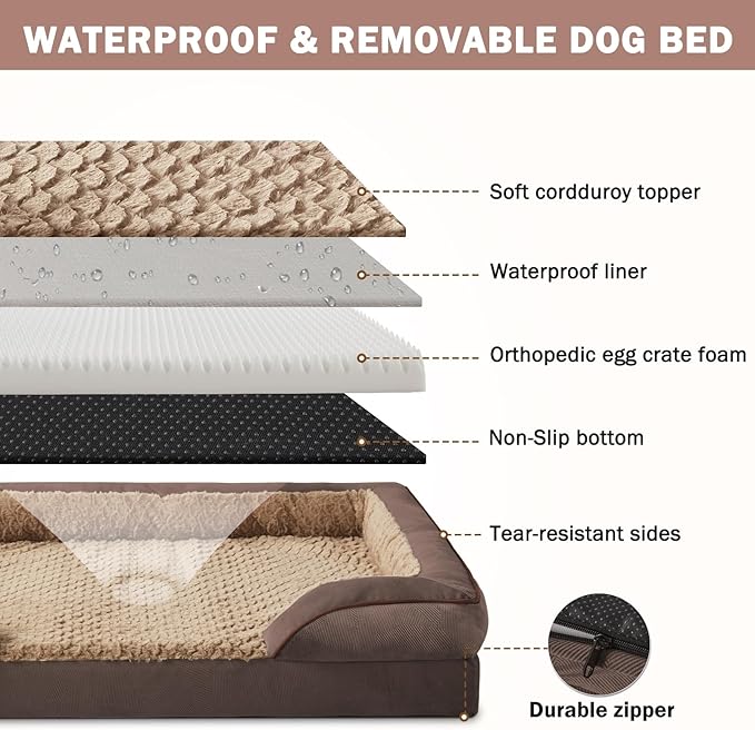 Orthopedic Dog Bed for Large Dogs, Washable Waterproof, Egg-Crate Foam Dog Couch Bed with Washable Removable Cover, Waterproof Lining and Nonskid Bottom