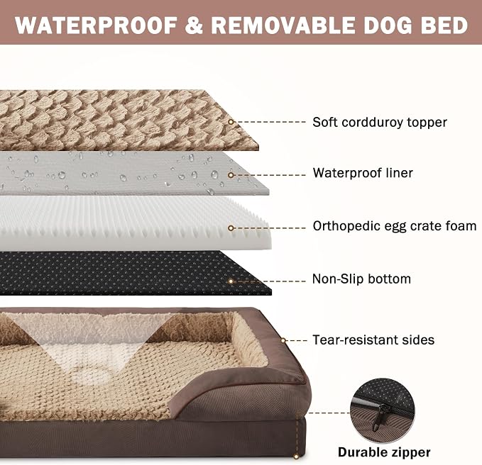 L Plus Orthopedic Dog Bed for Large Dogs, Washable Dog Sofa with Egg-Crate Foam, Waterproof Lining and Non-Skid Bottom