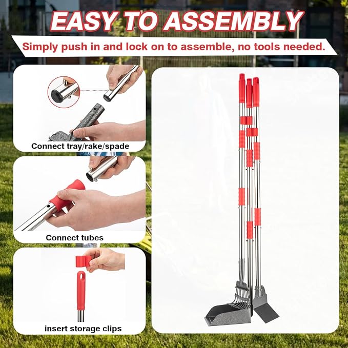 FUSBUNTY Long Handle Dog Pooper Scooper, Heavy Duty Stainless Steel Rake | Includes Tray & Spade for Pet Waste Removal. Rust-Proof Metal Scoop Set for Grass, Dirt, Gravel, Yard & Outdoor Clean Up.