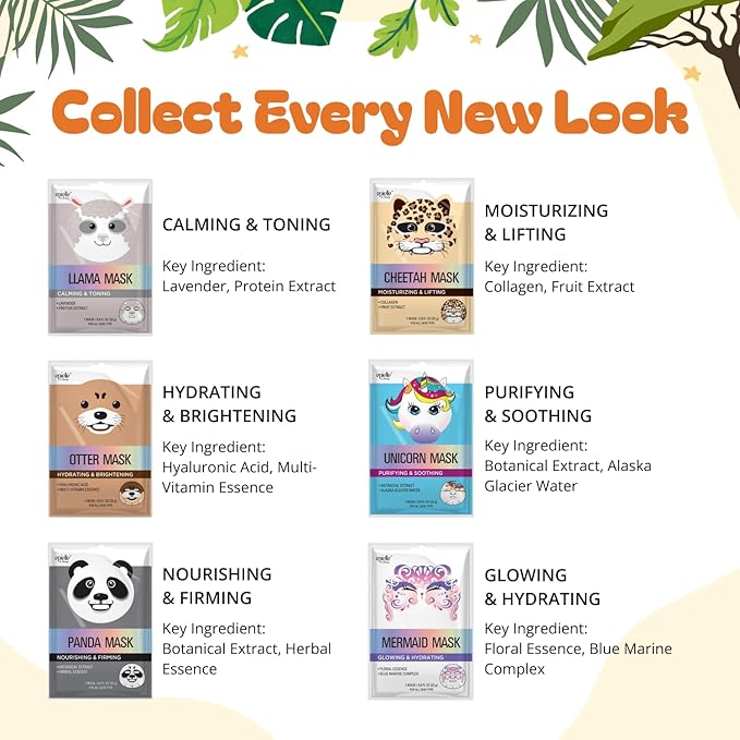 Epielle Character Face Mask Mystical Safari 6 Pack, Fun & Effective Korean Skin Care, Spa Party Favors, Easter Basket Stuffers, Birthday Gifts for Women, Self Care Gifts