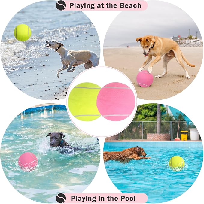 SCENEREAL Giant Tennis Ball for Dogs, 2 Pack 9.5" Inflatable Large Dog Balls for Large Medium Dogs Puppies, Funny Interactive Sports Ball for Indoor Outdoor Training Playing