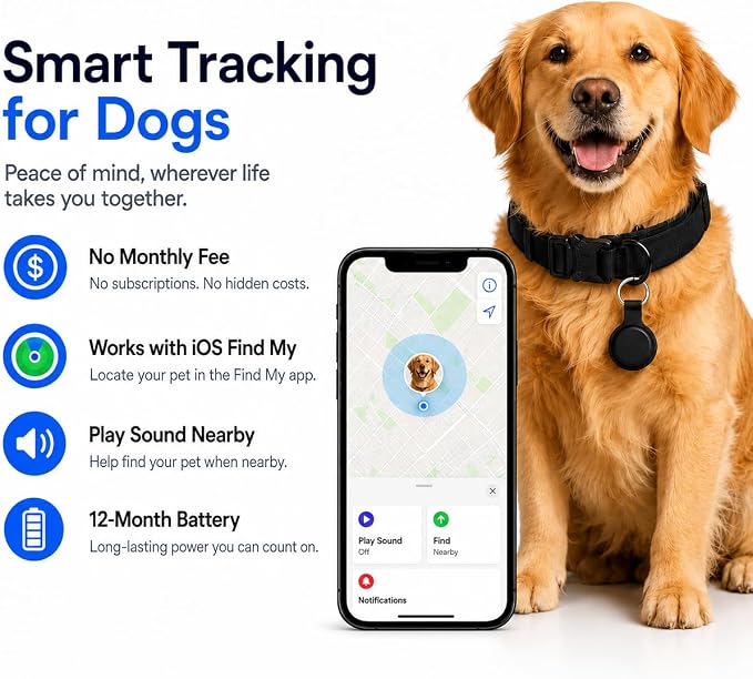 Pet GPS Tracker for Dogs, Compatible with Apple Find My(iOS Only), No Monthly Fee, IP67 Waterproof Anti-Lost Locator, 12-Month Battery, Includes Silicone Collar Holder & Tactical Dog Collar