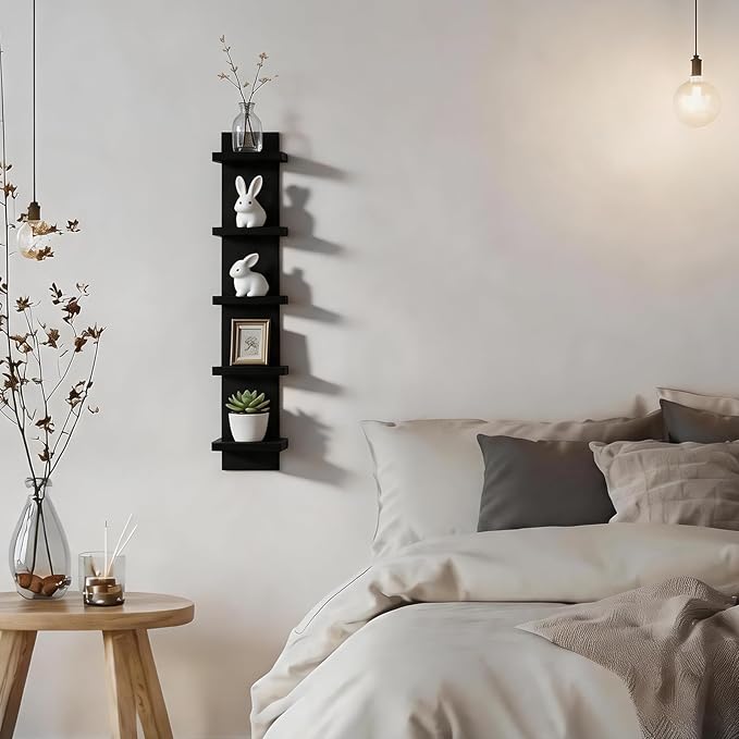 Small 5 Tier Wall Shelves, Black | Vertical Wall Decor Mount, Floating Shelves, Lack Shelf For Bedrooms, Living Rooms, Bathroom, Dressing Room and Entryway