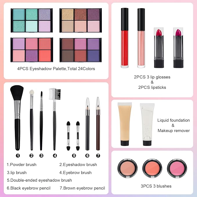 Makeup Kit for Teen Girls, Complete Cosmetic Set with Eyeshadow Palette, Lipstick, Blush, Lip Gloss, Brushes, Gifts for Christmas Thanksgiving Pink