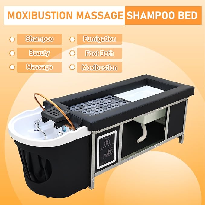 Head Spa Equipment with Footbath, Japanese Head/Feet/Back Massage Therapy Table, Moxibustion Moxa Shampoo Bed, with Foot Bath Basin, Bianstone Magnetic Therapy, for Spa Beauty Salon Barber