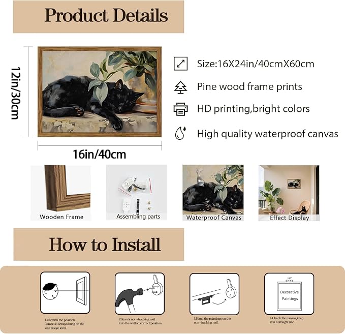 Framed Black Cat Canvas Wall Art, Vintage Sleeping Cat with Plant Picture Wall Decor Paintings, Cute Animal Poster Prints Rustic Aesthetic Home Decor for Living room Bedroom Bathroom 16x24 inch