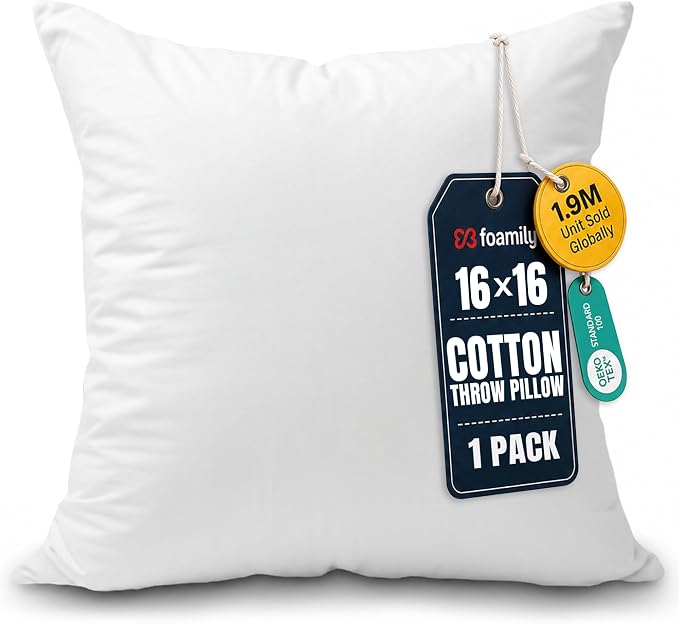 Foamily 16x16 Throw Pillow Insert, 100% Cotton Cover, Down Alternative | Cotton cover, plush down-alternative fill, machine washable Fits 16x16 covers Couch, sofa, bed, nursery décor
