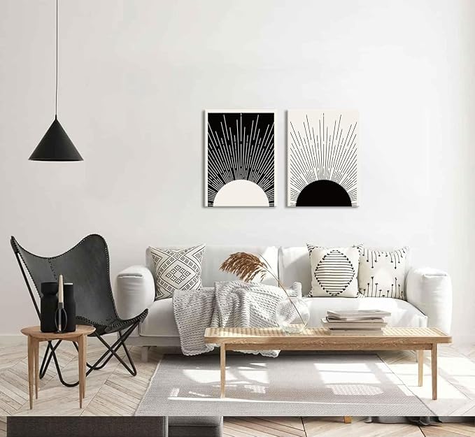 Hwetui Framed Boho Sun Wall Art Set of 2 Black and White Minimalist Sunrise Canvas Prints Abstract Sunshine Painting Geometric Line Pictures Home Decor for Living Room Bedroom Bathroom 16x24in