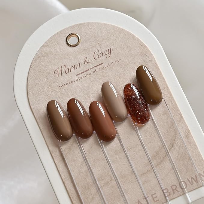 GAOY Brown Fall Gel Nail Polish Set, 6 Colors Chocolate Tan Glitter, UV Light Cure Gel Polish for Nail Art DIY at Home