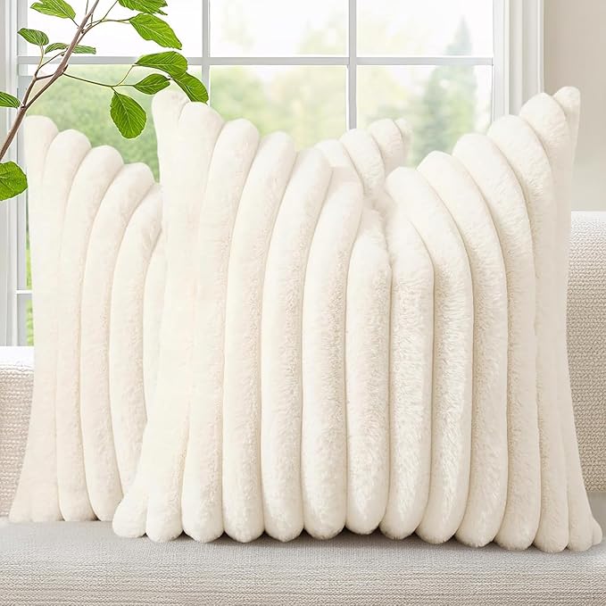 decorUhome Fall Faux Fur Throw Pillow Covers 12x12 Set of 2 Cream White | Decorative Soft Cozy Striped Plush Modern Farmhouse Boho Couch Pillow Cases Velvet Back for Sofa Bed Living Room Home Decor