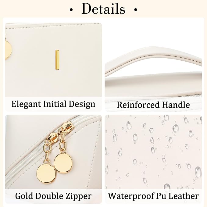 KKXIU Initial Makeup Bag for Women - Personalized Makeup Bag Gifts for Women, Travel Toiletry Bag with PU Leather, Open Flat Design with Top Handle, Cosmetic Bag Set with Multi-Pocket (Beige,I)