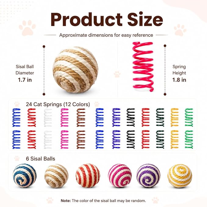 Cat Toys for Indoor Cats, 6 Sisal Balls & 24 Colorful Springs