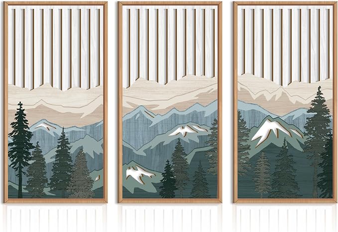 IARTTOP Large Mountain Wood Wall Art Framed Decor Set of 3, Modern Mountain Landscape Wall Art Nature Artwork Wall Decor for Bedroom, Living Room, Office-16 x32