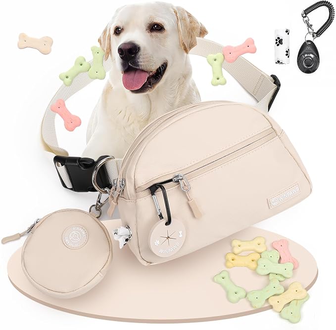 Dog Treat Pouch Pet Training Walking Fanny Pack with Built-in Poop Bag Dispenser & Waste Bag Holder | Stylish Puppy Training Essentials Supplies | Free Dog Clicker (Cream)