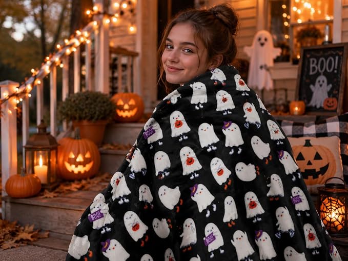 Halloween Ghost Fleece Throw Blanket, Cute Ghosts on Black, 50x70 in | Ultra-soft cozy flannel fleece, for sofa couch bed chair & dorms, spooky Halloween décor, durable and machine washable.