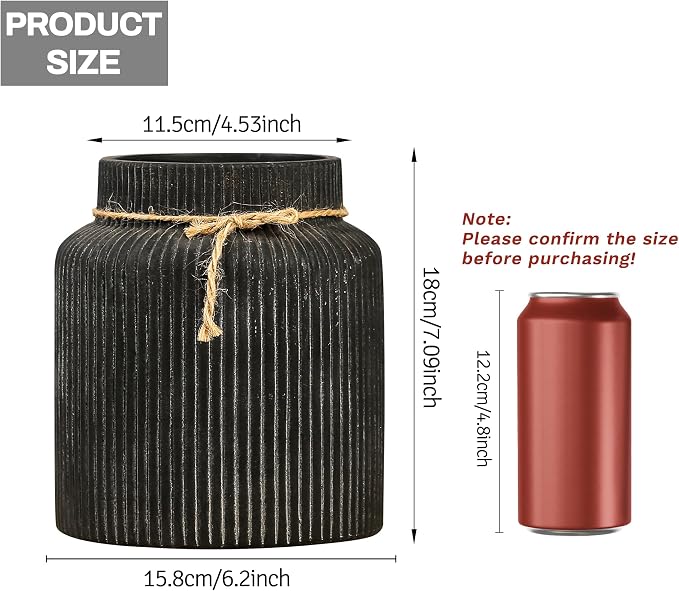 Rustic Ceramic Flower Vase, 7.2in Vintage Black Ribbed Vases for Home Decor | Farmhouse Decorative Terracotta Vases Wide Mouth Vase for Bedroom Living Room Table Centerpieces Shelf Cabinet Decorations