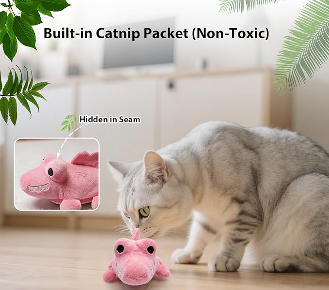 Interactive Cat Toys for Indoor Cats – Auto Moving Alligator with 360° Random Movement & Tail Wagging, Rechargeable Cat Exercise Toy with Catnip, Self-Play Fun for Bored Adult Cats-Pink