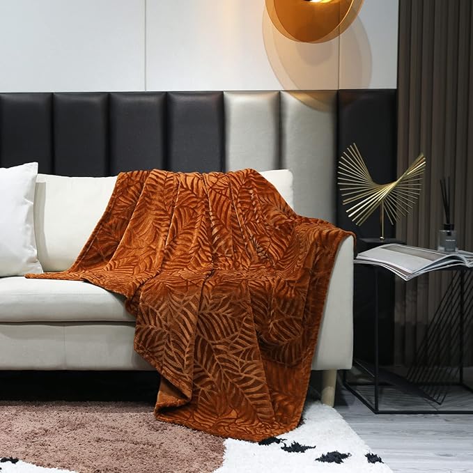 Super Soft Flannel Fall Throw Blanket, 50 x 60 Inches, Caramel | Lightweight Cozy Warm Leaves Textured Plush Fleece Blanket for Bed Couch Sofa
