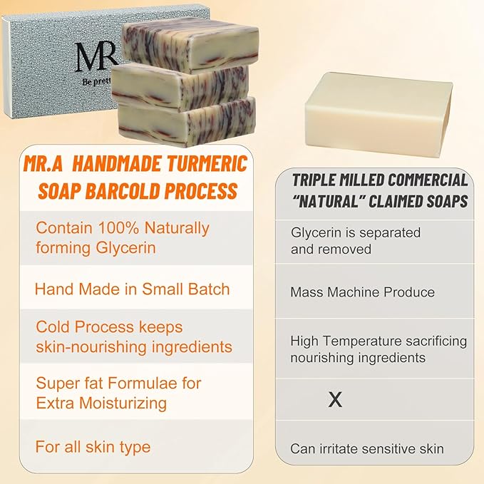 MR.A 3 Pack Organic Turmeric Soap Bar for Face & Body Cleanser, Smooth Skin and Moisturizing, All Natural Tumeric Soap, Handmade Ginger