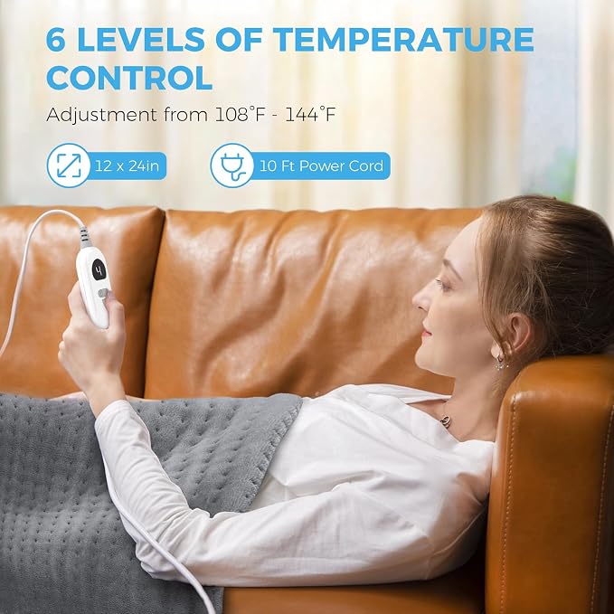 NOWWISH Heating Pad for Back, Period Cramps, Neck and Shoulder, 12x24 Inches Electric Throw with 6 Heat Settings, Timer and Auto Shut Off, Machine Washable, Birthday Gifts for Women Men, Grey