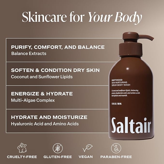 Saltair Body Wash 2-Pack – Moisturizing Body Wash with Hyaluronic Acid & Amino Acids – Scented Shower Gel for Women and Men – Driftwood Scent, 2x 17oz – Vegan, Cruelty-Free, Paraben-Free