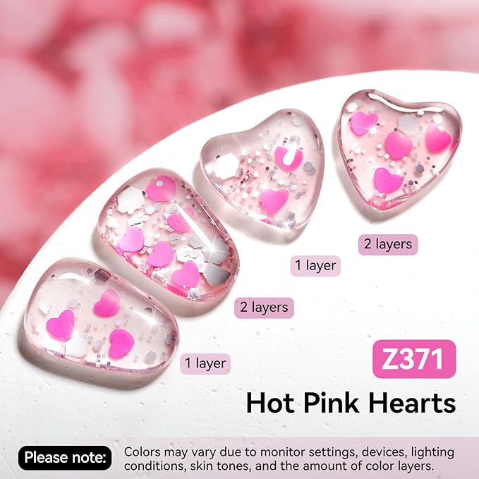 Nail Polish Hot Pink Hearts Confetti Regular Nail Polish, Quick Air Dry, Non-gel, Rich in Castor Oil, Vegan Cruelty-free Sparkle Nail Art DIY Home Travel Manicure Gift for Women Girls