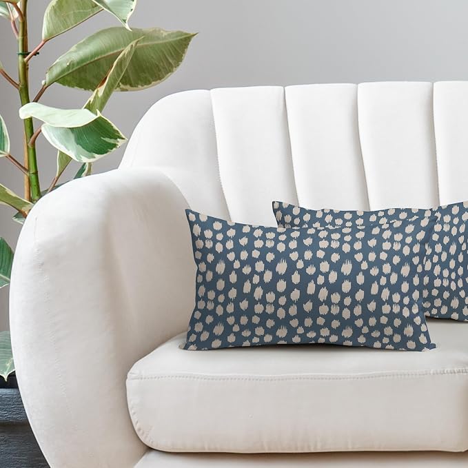 Dusty Blue Cream Dots Lumbar Pillow Covers 12x20 Set of 2 Boho Design Polka Dot Print Throw Pillows Modern Outdoor Decorative Pillowcase Rectangle Linen Cushion Cases Decor for Sofa Couch Bed