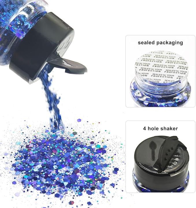 Dark Blue - Craft Glitter - 2oz Glitter Shaker Bright Colorful Holographic Mix Chunky Body Glitter Bulk Wholesale 24 Colors in Shaker Cosmetic Glitter - EBKC10