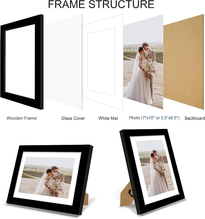 Hongkee 7x10 Picture Frame Set of 4, Made of Real Glass and Black Frame - Display 5.5 x 8.5 Diploma Frame with Mat or 7x10 Without Mat, 7 by 10 Photo for Wall or Tabletop