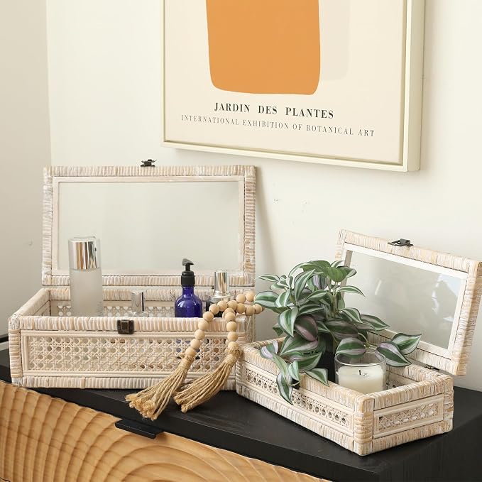 Set of 2 Rattan and Cane Stacking Boxes ,12" and 14", White Wash | With Glass Top Lid - For Boho and Rustic Farmhouse Decor