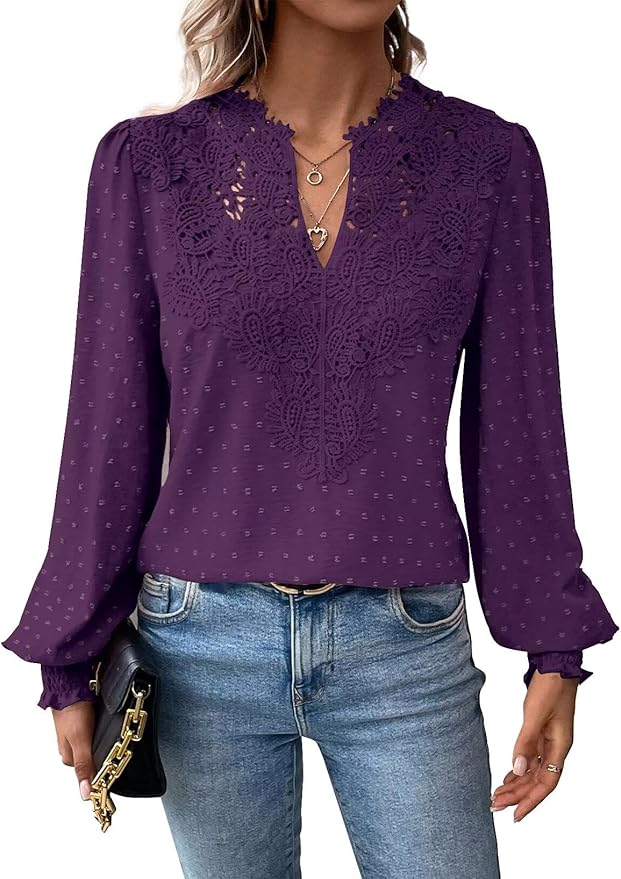 Womens Tops Swiss Dot Boho Long Sleeve Shirts V Neck Casual Chiffon Blouses Flowy Lace Hem Cute Clothing Trendy 2026