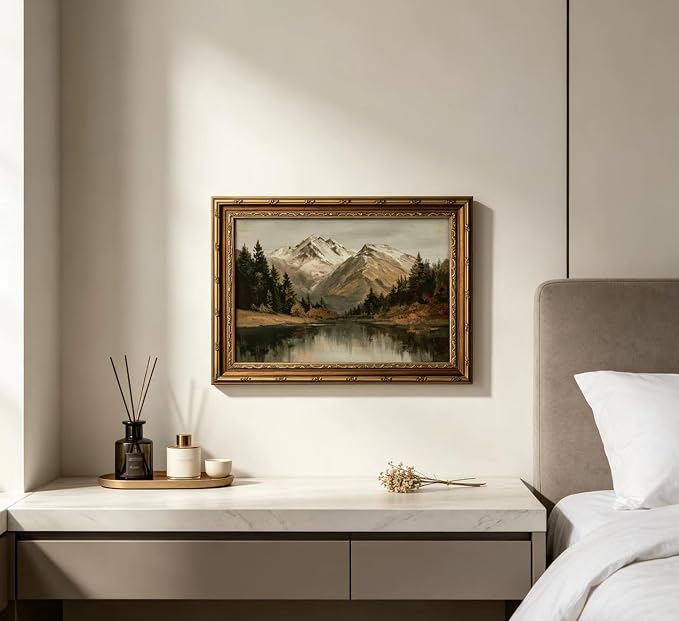 Vintage Gold Framed Landscape Canvas Wall Art Mountain with Forest Trees Lake Painting Picture Wall Decor Nature Scenery Green Botanical Poster Print Artwork for Living Room Office Home Decoration