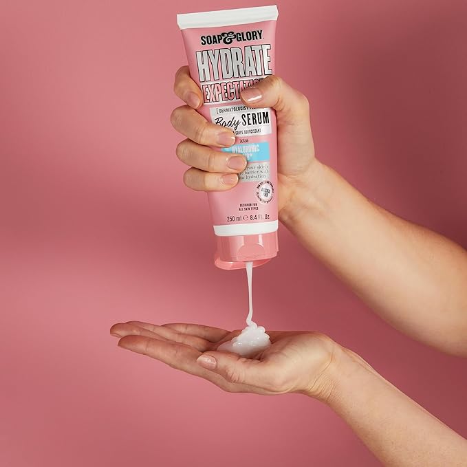 Soap & Glory Hydrate Expectations Body Serum - Thirst Quenching Hyaluronic Acid - Full-Coverage, Lightweight, Fast Absorbing Vegan Moisturizing Body Serum (8.4 Fl Oz) (Pack of 2)
