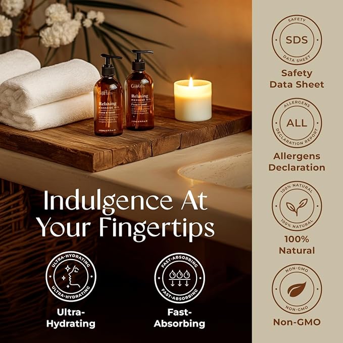Gya Labs Relaxing Massage Oil - 6.76 Fl Oz - Non-Greasy Formula for Sore Muscles, Deep Relaxation & All Skin Types - Suitable for Men & Women