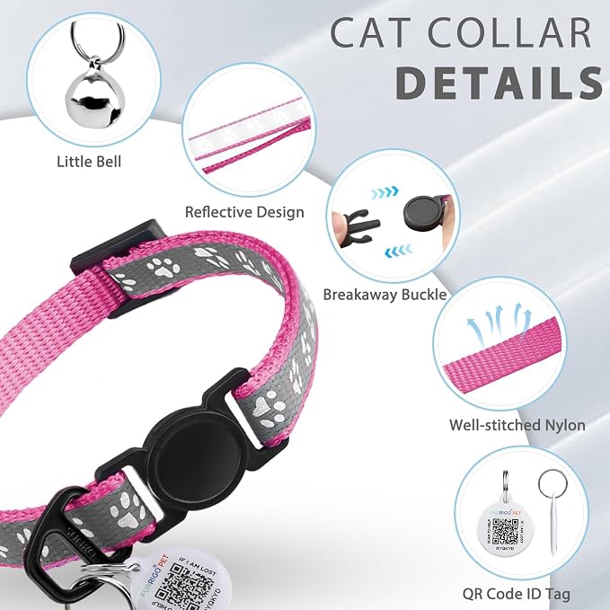 Breakaway Reflective Cat Collar with QR Name Tag & Bell (Rose red)