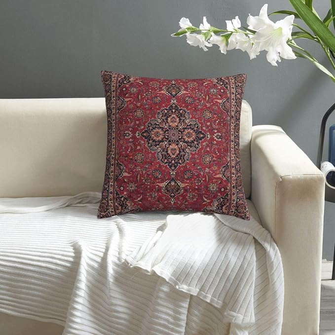 Central Red Persian Silk Rug Print Pillow Covers Decorative Square Throw Pillowcase 18x18 Inch Couch Cushion Cover for Home Decor Living Room Bedroom College Dorm Bed Car Sofa