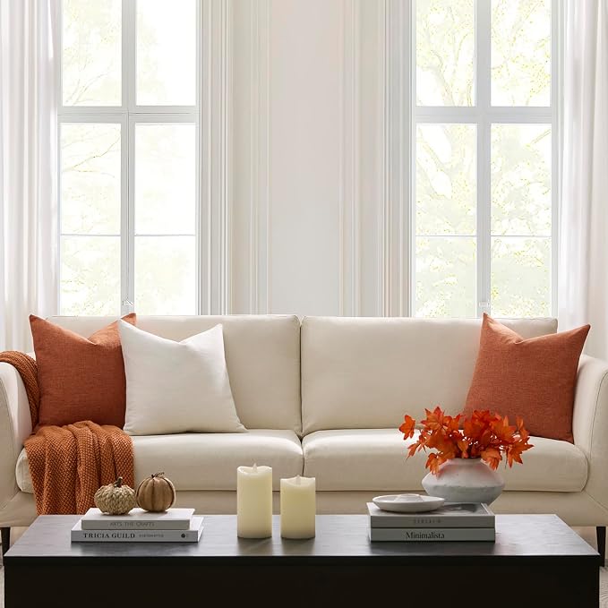 Meekio Set of 2 Burnt Orange Throw Pillow Covers 18x18, Fall Linen Blend Decorative Pillow Covers for Couch Sofa Bed, Fall Decorations for Home