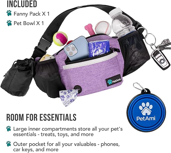 PetAmi Dog Fanny Pack, Treat Pouch for Dog Walking Training, Purple | Built in Poop Bag Dispenser, Water Bottle Holder, Collapsible Bowl, Pet Treat Waist Belt for Hiking Running Kibbles