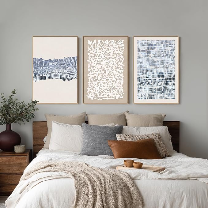 SAFERRYHOME Blue Neutral Contrast Abstract Boho Wall Art,3 Panels 24"x36" | Modern Abstract Framed Canvas Print Set, Mid Century Modern Minimalist Lines Geometric Pattern for Living Room,Bedroom,Office