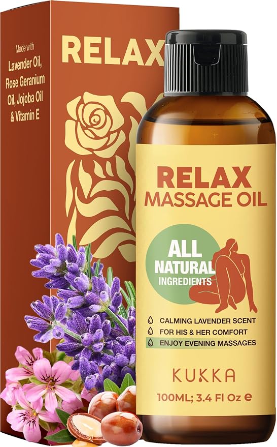 Kukka Relax Massage Oil (3.4 fl oz) & Aromatherapy Massage Oil (3.4 fl oz) Set - Body Oils for Women & Men - Spa Quality & Light Weight
