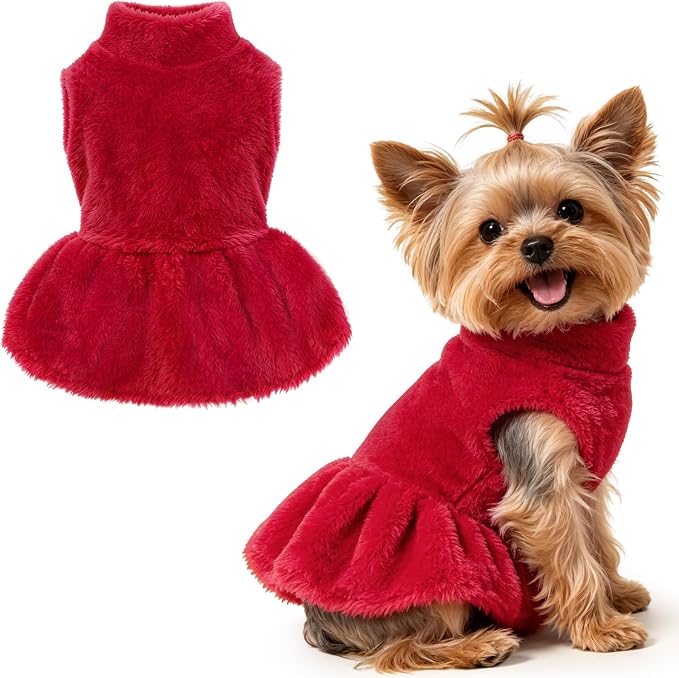 Idepet Winter Dog Dress, Fleece Puppy Pet Skirt Small Dogs Girl Clothes | Warm Coral Fleece, Machine Washable, for Indoor Daily Wear, Outdoor Walking, Halloween Christmas Holiday Gift, Easy On & Off