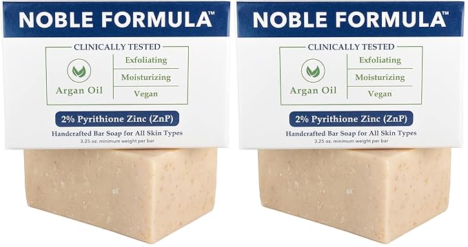 Noble Formula Zinc Bar Soap, Olive Oil and Argan Oil 2% Pyrithione Zinc (ZnP) for All Skin Types Including Those With Acne, Psoriasis and Eczema, 3.25 oz (Pack of 2)