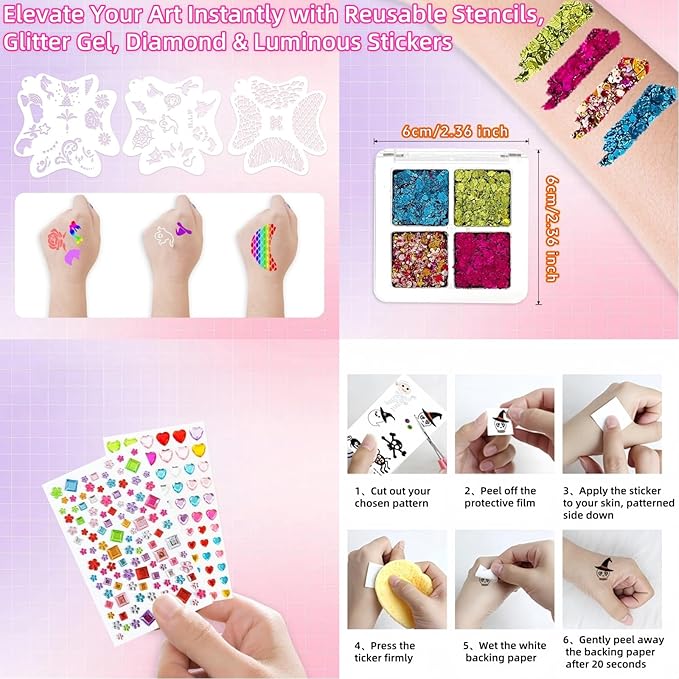 Face Painting Kit for Kids & Adults - 12x10g Non-Toxic Hypoallergenic Split Cake Face Paint Palette ,Water Activated Rainbow Face Paint with Stencils | Halloween, Christmas, Party Makeup