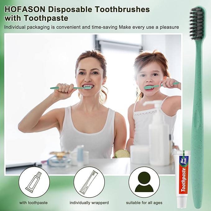 HOFASON Disposable Toothbrushes with Toothpaste 20 Pack, Travel Bulk Toothpaste and Toothbrush Set, Travel Size Tooth Brush Paste, Individually Wrapped Toiletries for Homeless, Nursing Home, Hotel