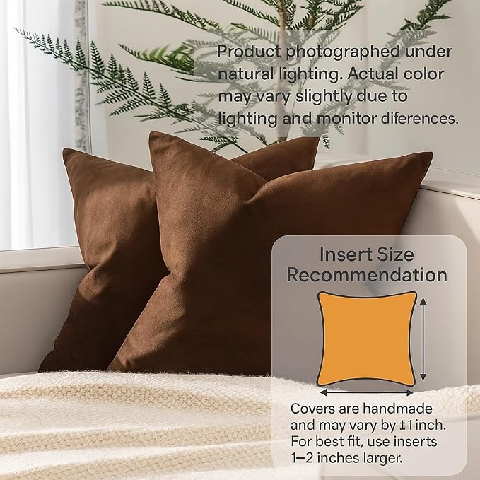 Brown 26x26 Throw Pillow Covers Decorative Velvet Couch Covers Set of 2 | JUSPURBET Cozy Soft Pillowcases with Invisible Zipper for Modern Couch Sofa Bed Living Room Bedroom Home Decor
