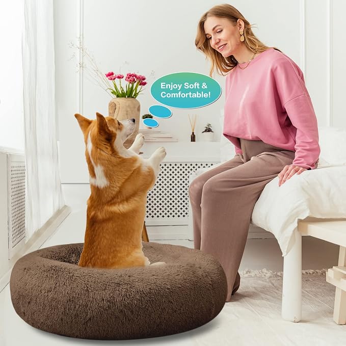 SAVFOX 36 inches Calming Donut Dog Bed - 3X Durable Plush Faux Fur, Machine Washable & Non-Slip, Fits up to 100 lbs, Brown