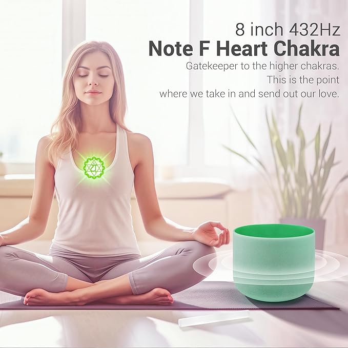 432hz 8 inch Green F Note Heart Chakra Quartz Crystal Singing Bowl with Resonance Striker for Healing Mindfulness Meditation Yoga Sound Baths