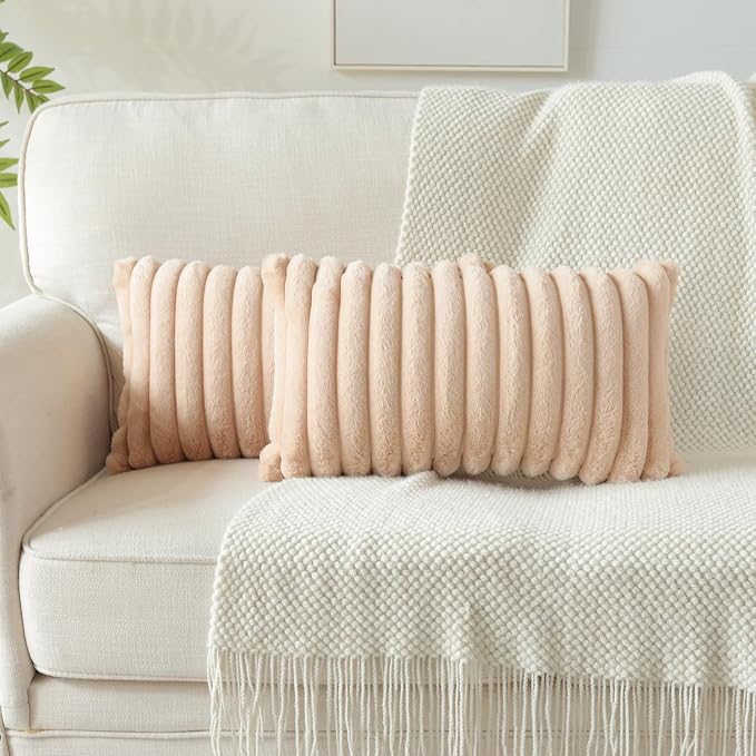 Soleebee Set of 2 Throw Pillow Covers Soft Cozy Velvet Pillowcase Faux Rabbit Fur Cover for Couch Sofa Bed Chair Home Decorative Pillows Cover (12x20 Inch, Camel)